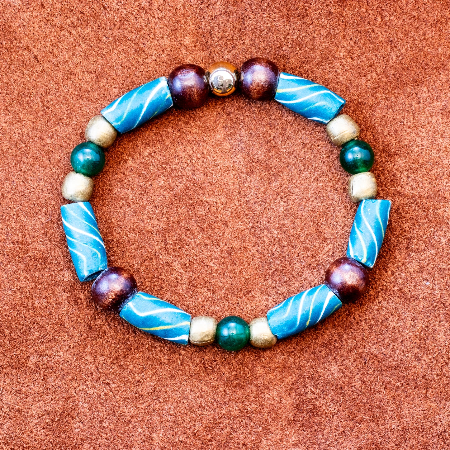 8MM Green African Trade Bead | Green Agate | Brass | Wood