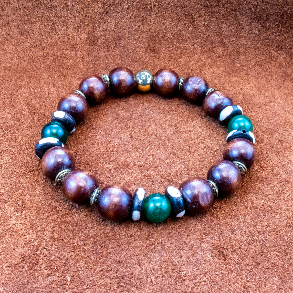 Green Agate, Bone & Wood Bead Bracelet