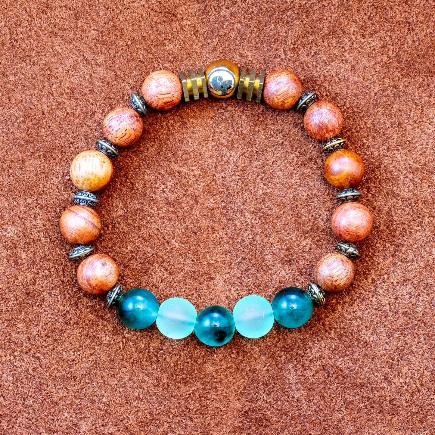 8MM Green Agate | Green Quartz | Wood | Brass Bracelet