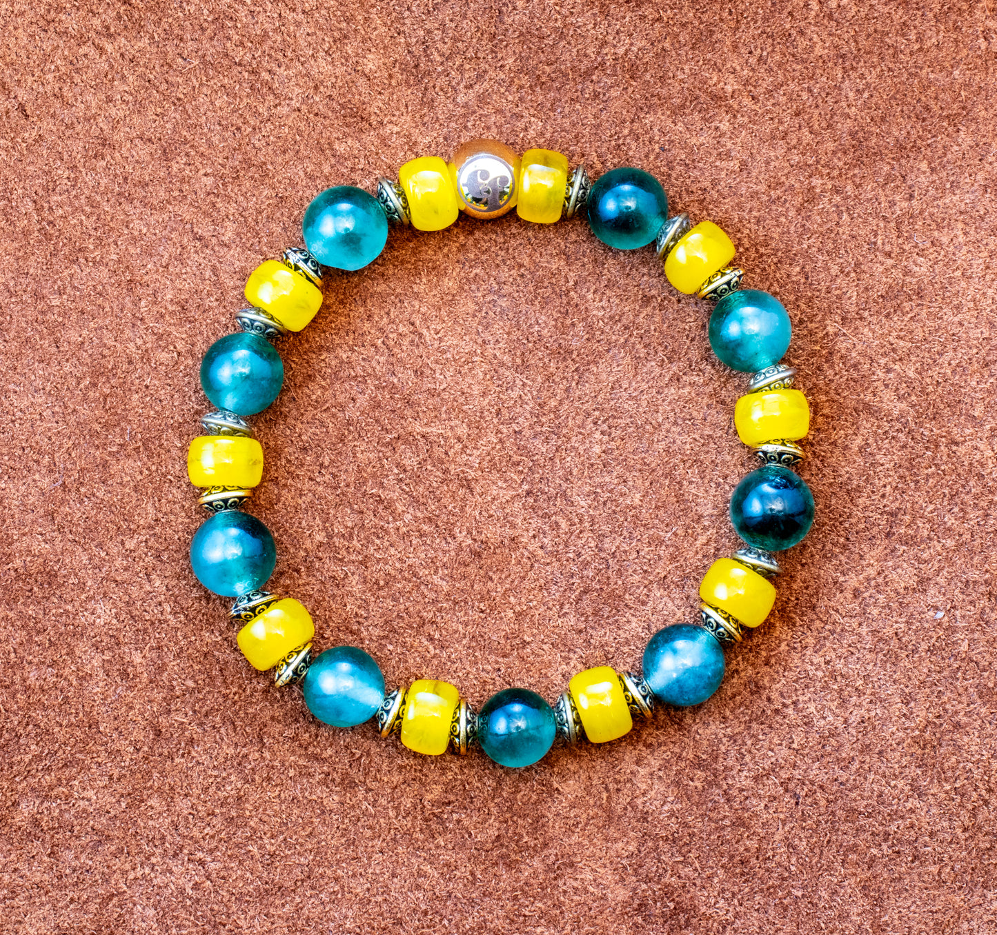8MM Green & Yellow Agate | Silver Bracelet