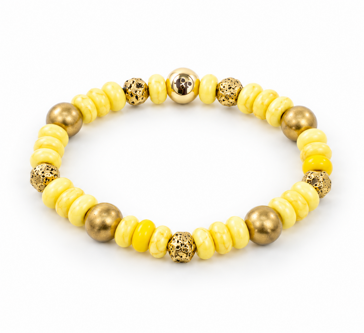 Three-quarter view of a yellow bead bracelet with smooth and textured gold-tone accents and a polished emblem bead.