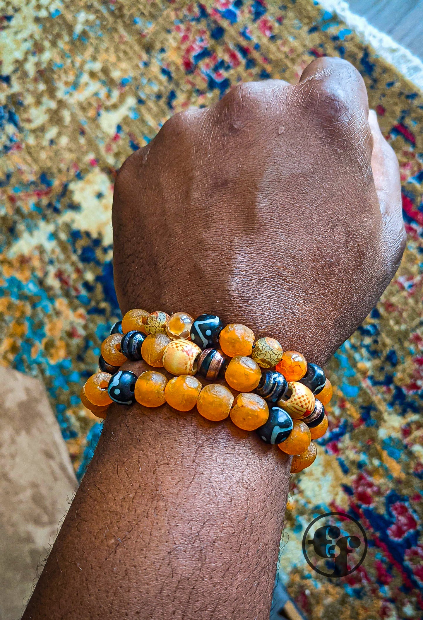 Orange Ghana Glass | Black & White | Tibetan Glass | Orange Calcite | Bead Bracelet