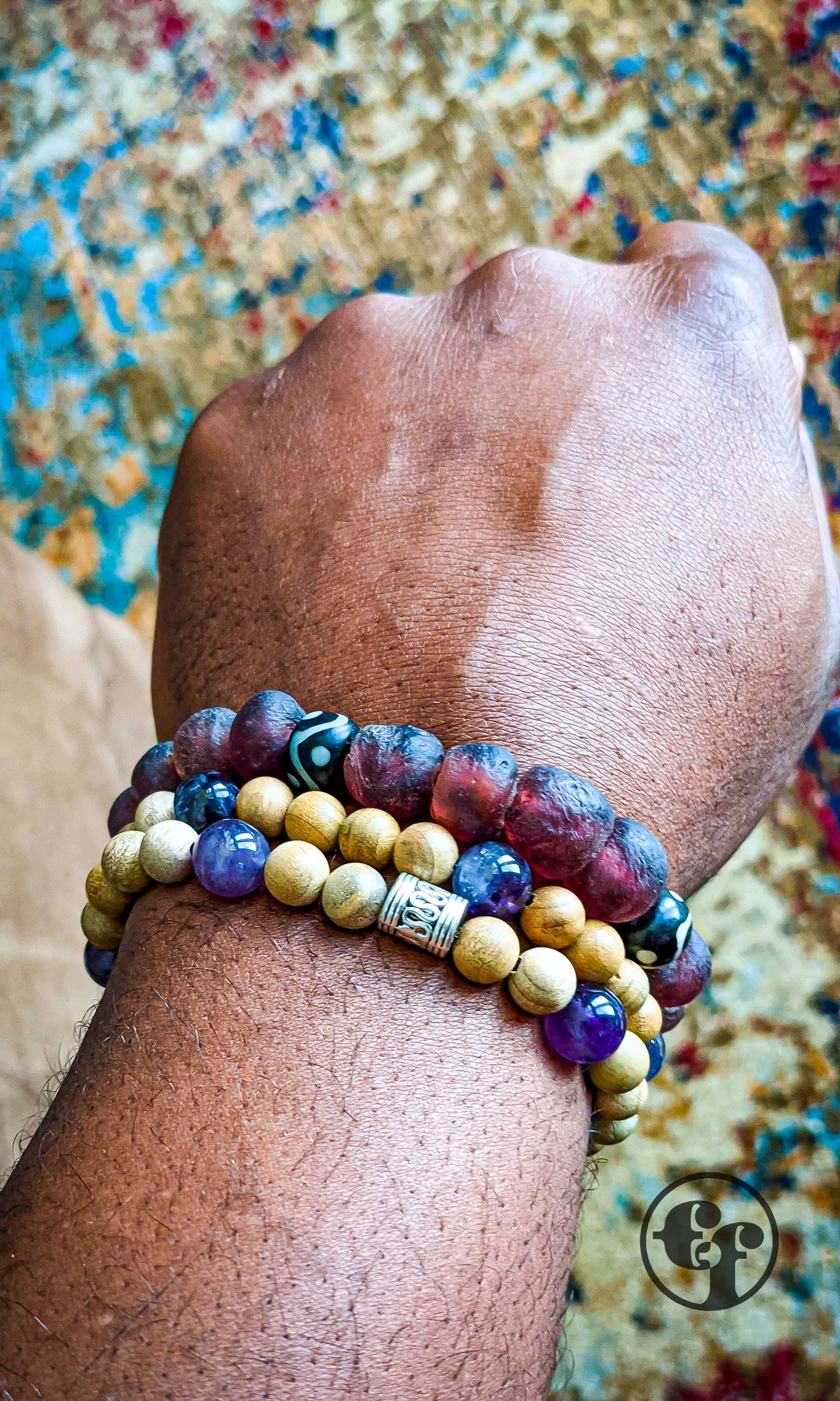 8MM Purple Ghana Glass | Black & White | Bead Bracelet