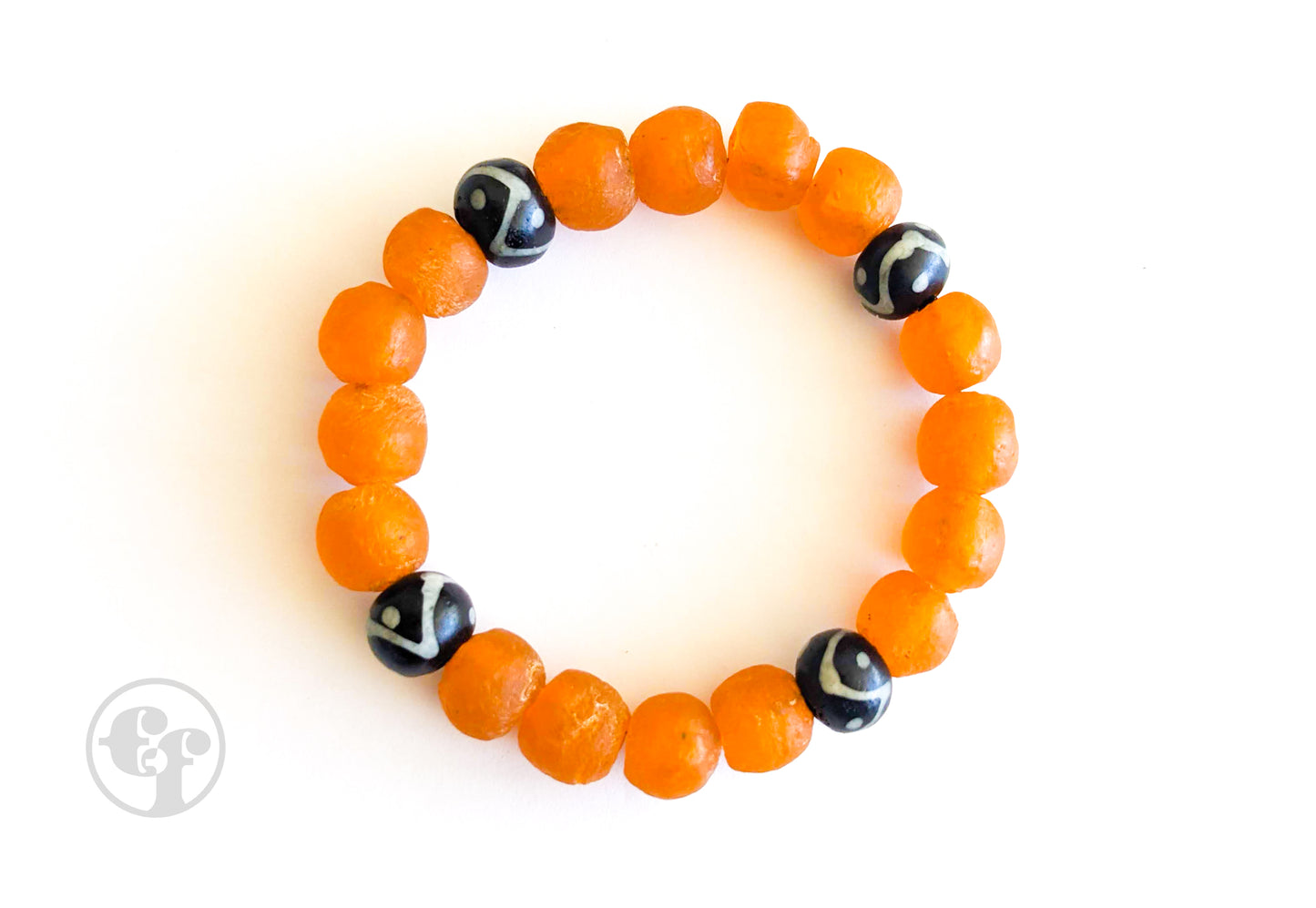 8MM Orange Ghana Glass | Black & White| Bead Bracelet