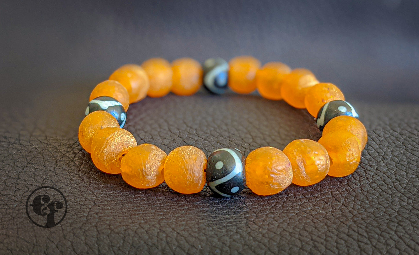 8MM Orange Ghana Glass | Black & White| Bead Bracelet