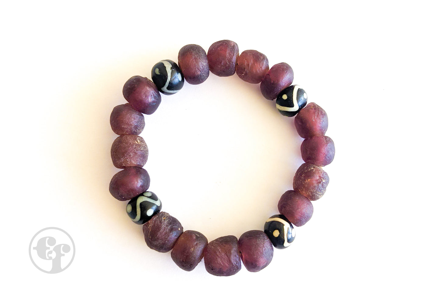 8MM Purple Ghana Glass | Black & White | Bead Bracelet