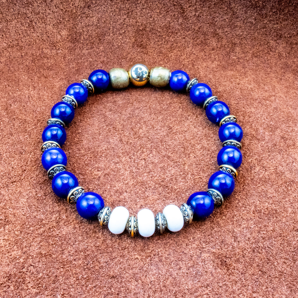 8MM Blue Glass | White Ceramic | Silver | Bracelet