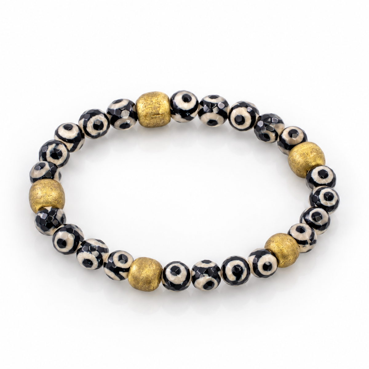 Black & Cream 3-Eyed Agate Bracelet with Brass