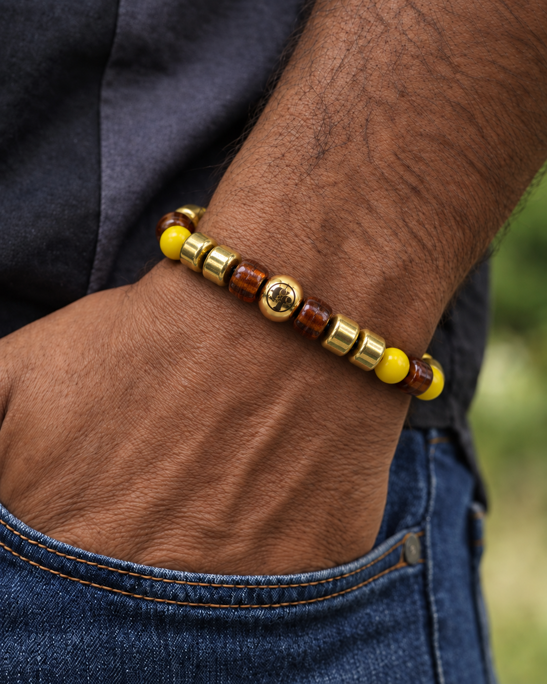 Yellow & Brown Bead Bracelet with Gold-Tone Accents