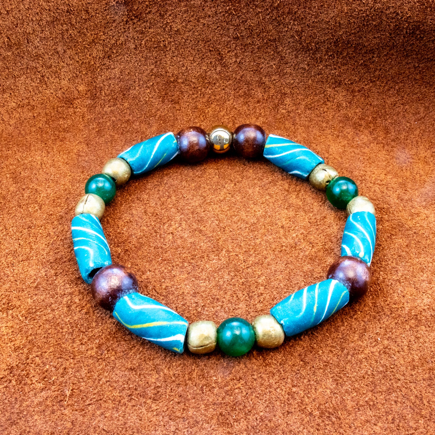 8MM Green African Trade Bead | Green Agate | Brass | Wood