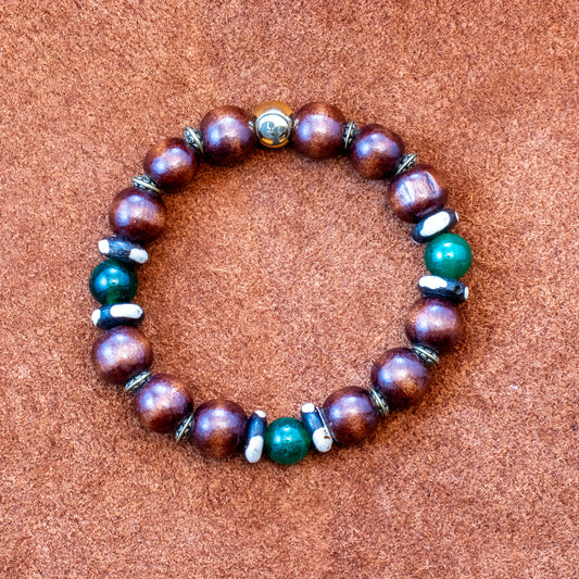 Green Agate, Bone & Wood Bead Bracelet