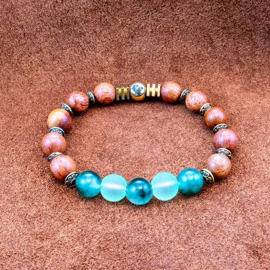 8MM Green Agate | Green Quartz | Wood | Brass Bracelet