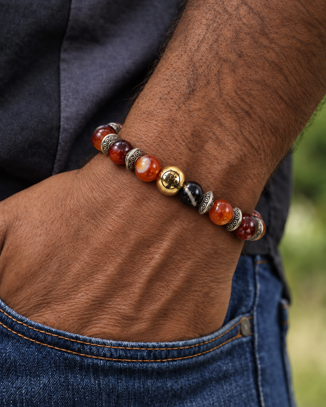 Red & Orange Bead Bracelet with Ornate Silver-Tone Spacers