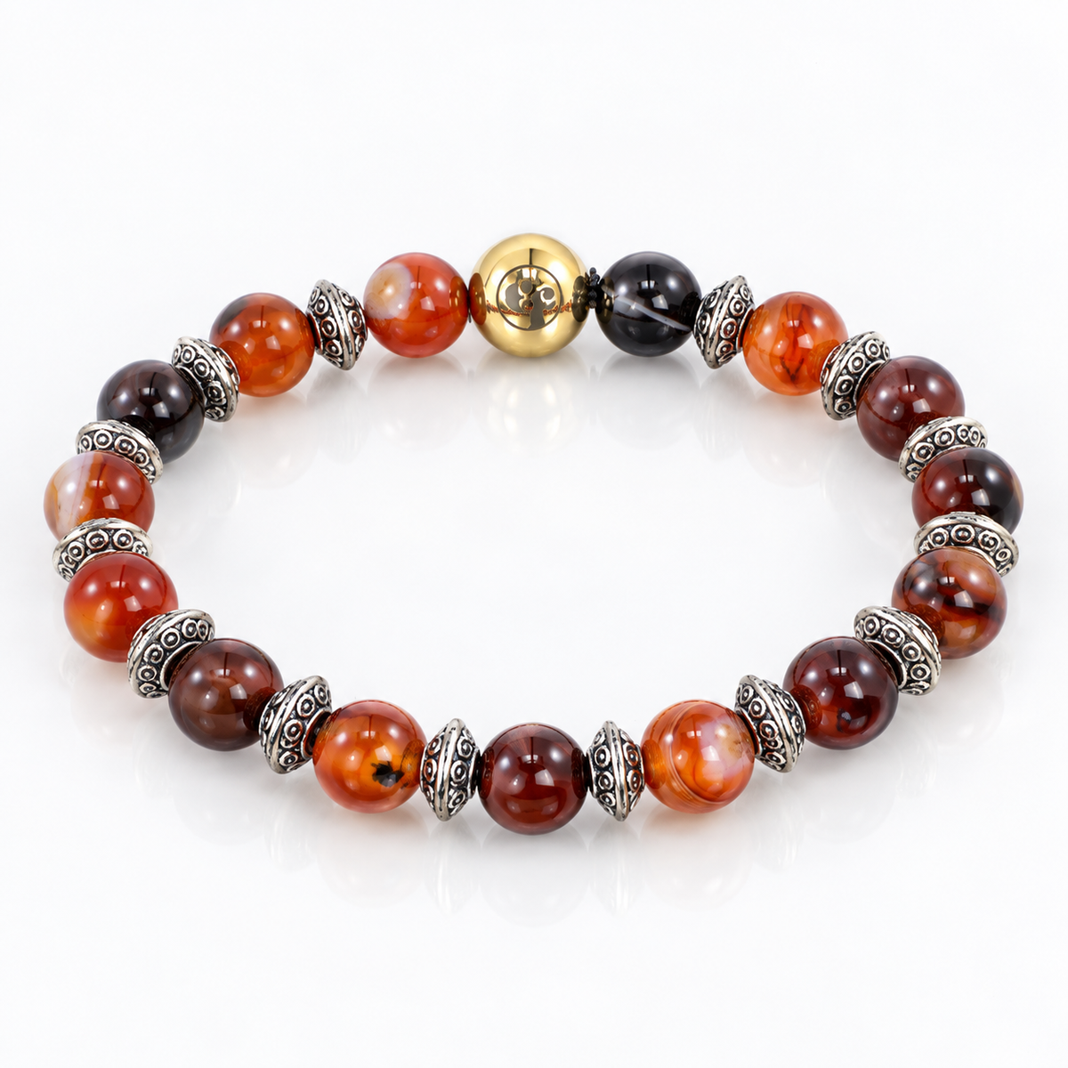 Red & Orange Bead Bracelet with Ornate Silver-Tone Spacers