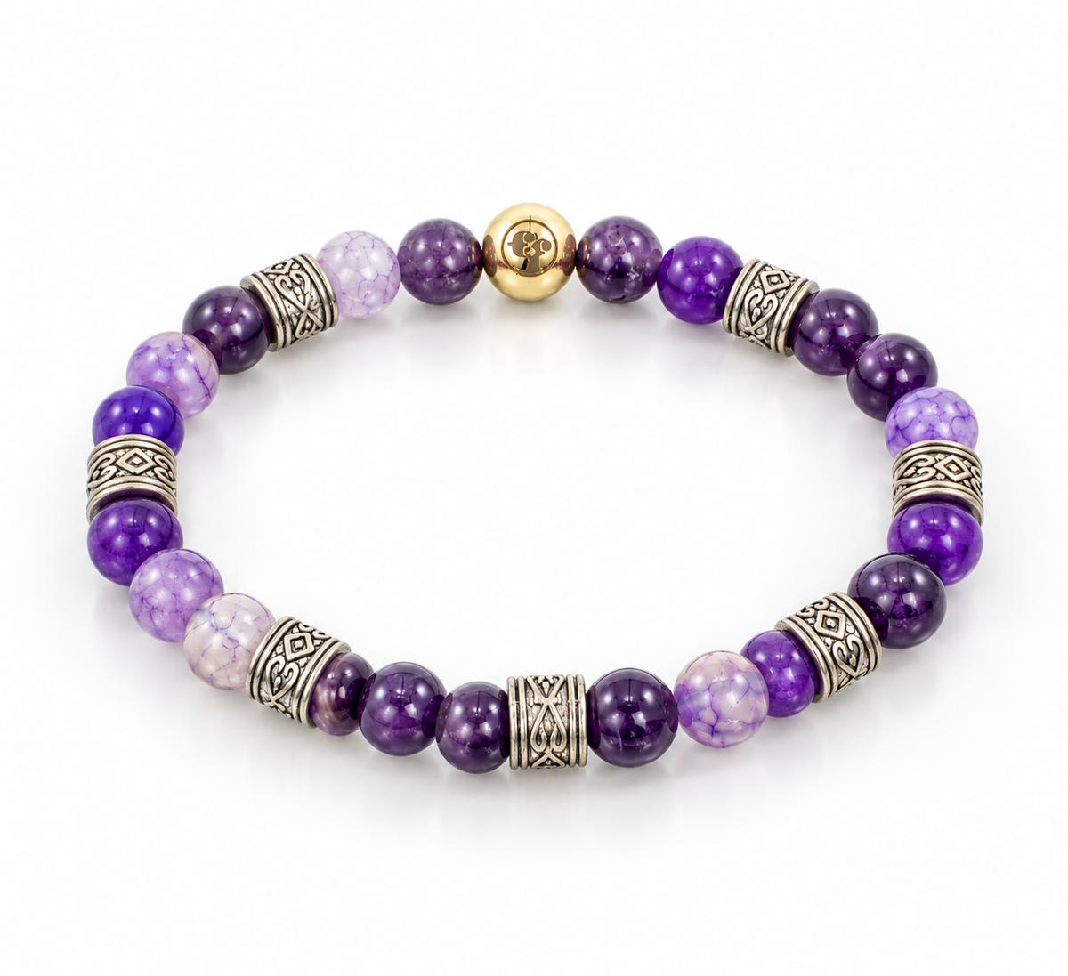Three-quarter view of an amethyst bead bracelet with patterned silver-tone spacers and a gold-tone emblem bead.