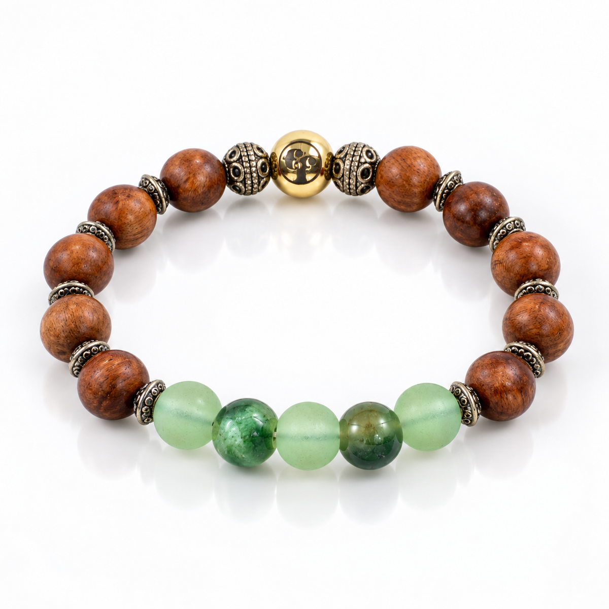 Angled view of a green and brown beaded bracelet with patterned metallic spacers and a polished gold-tone Ed Fountain emblem bead.