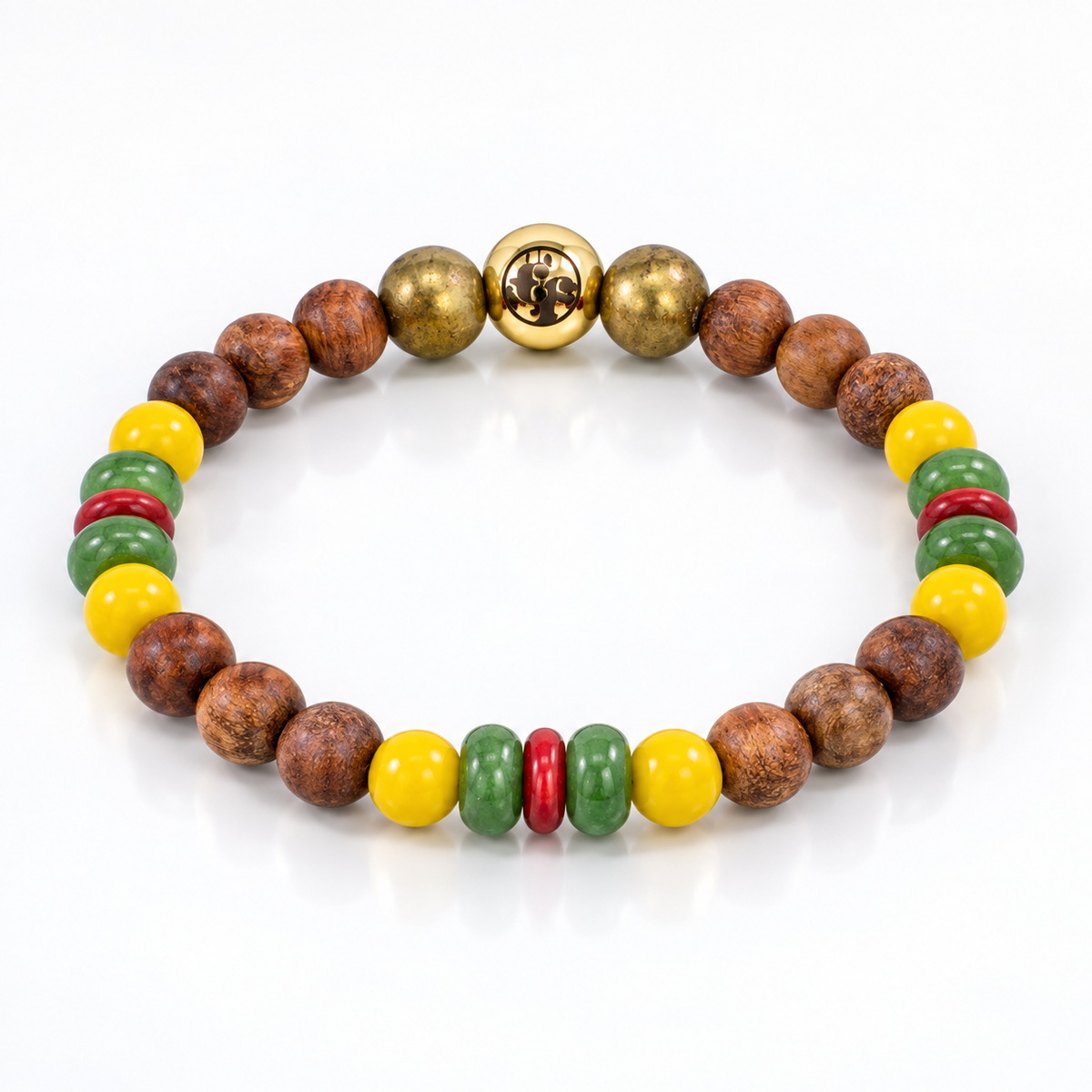 Angled view of a brown beaded bracelet with repeating yellow, green and red accents and a polished gold-tone emblem bead.