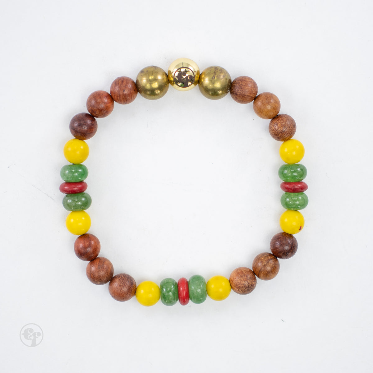 Top-down view of brown grain-patterned beads with yellow round beads, green and red rondelles, and gold-tone accents.