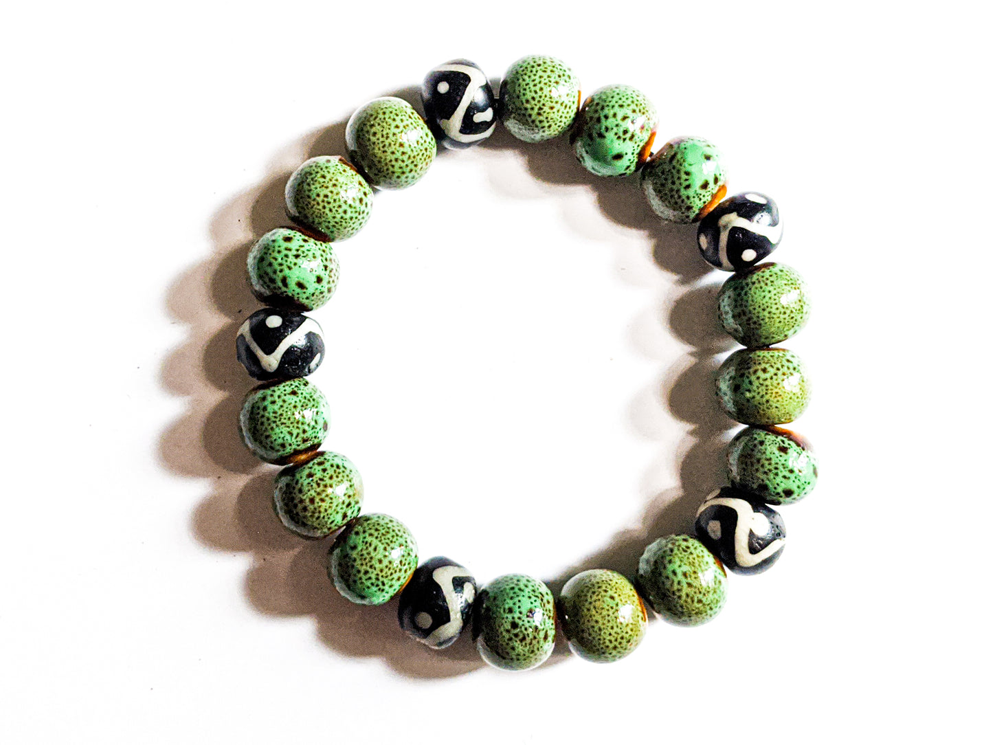 8mm Black And White African Trade | Green Ceramic | Bead Bracelet