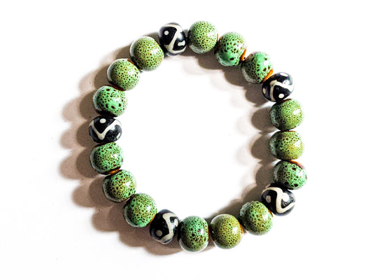 8mm Black And White African Trade | Green Ceramic | Bead Bracelet