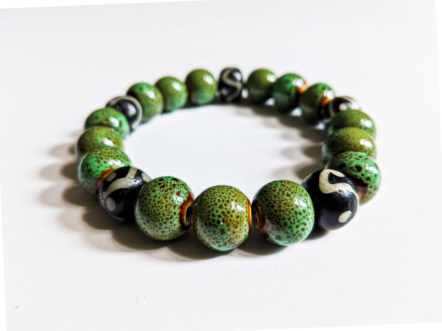 8mm Black And White African Trade | Green Ceramic | Bead Bracelet