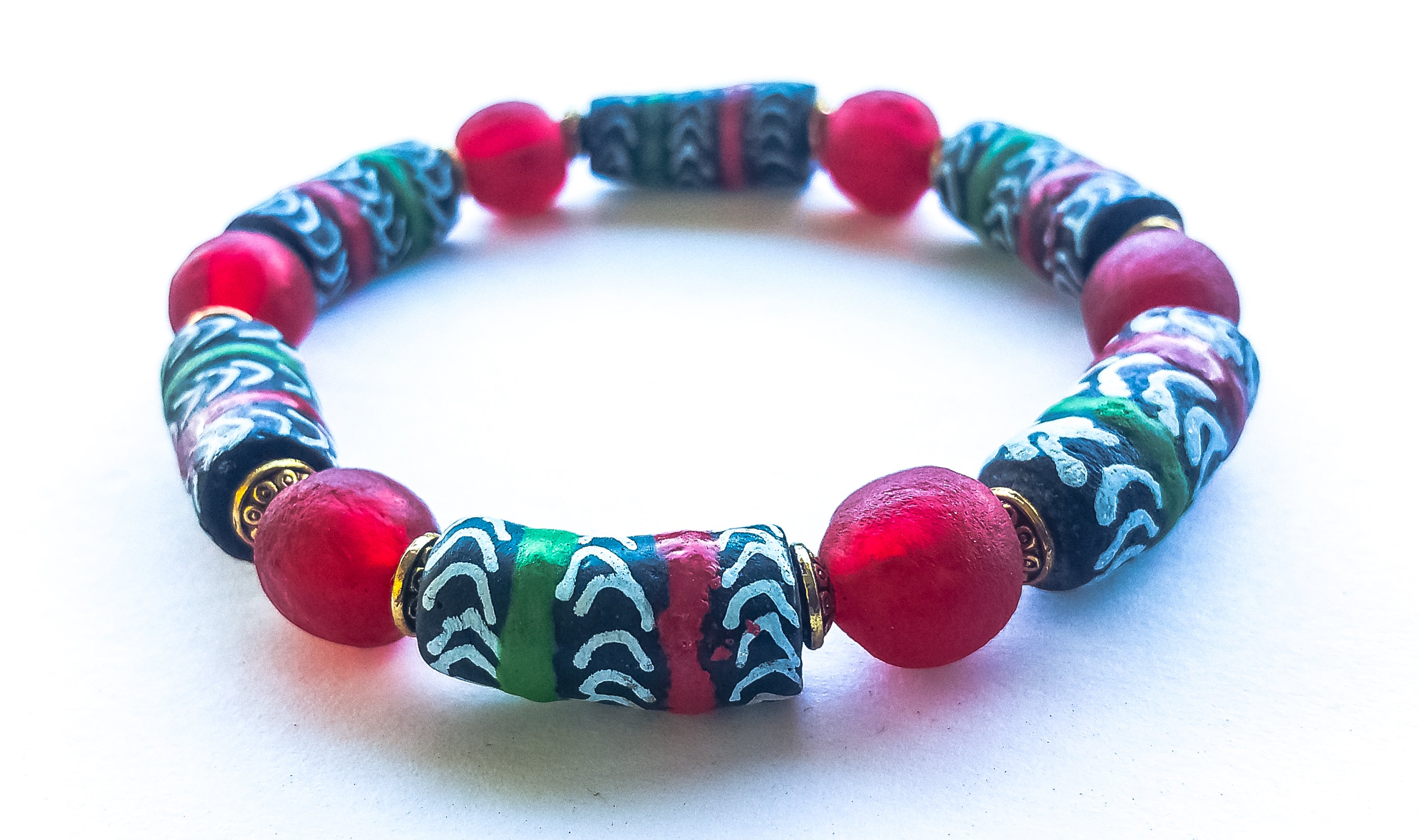 Red, Black, Green, & Gold African Trade Bead Bracelet
