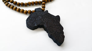 31" African Wood Bead Laser Cut Medallion Necklace
