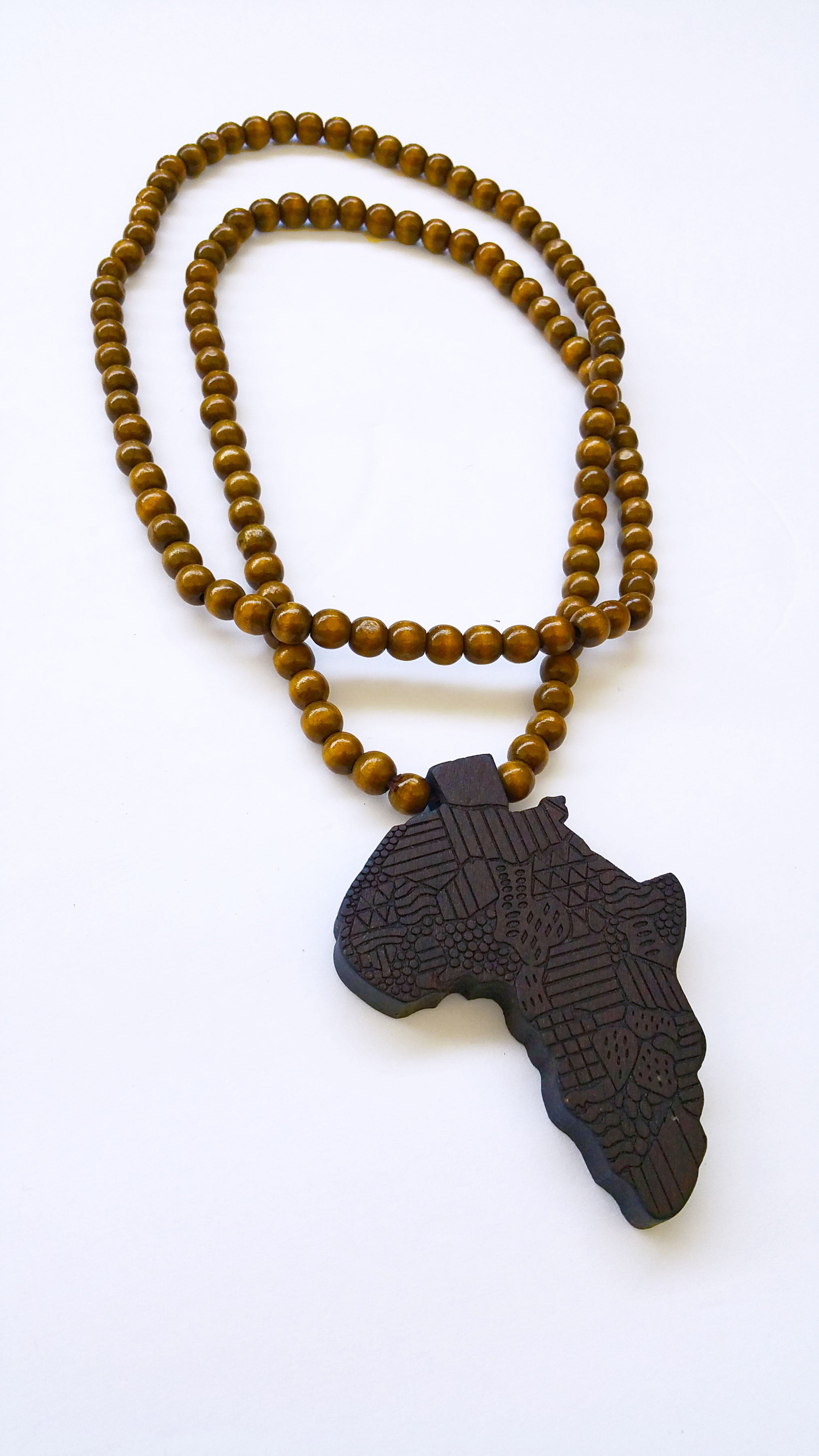 31" African Wood Bead Laser Cut Medallion Necklace