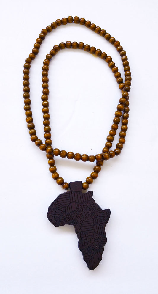 31" African Wood Bead Laser Cut Medallion Necklace
