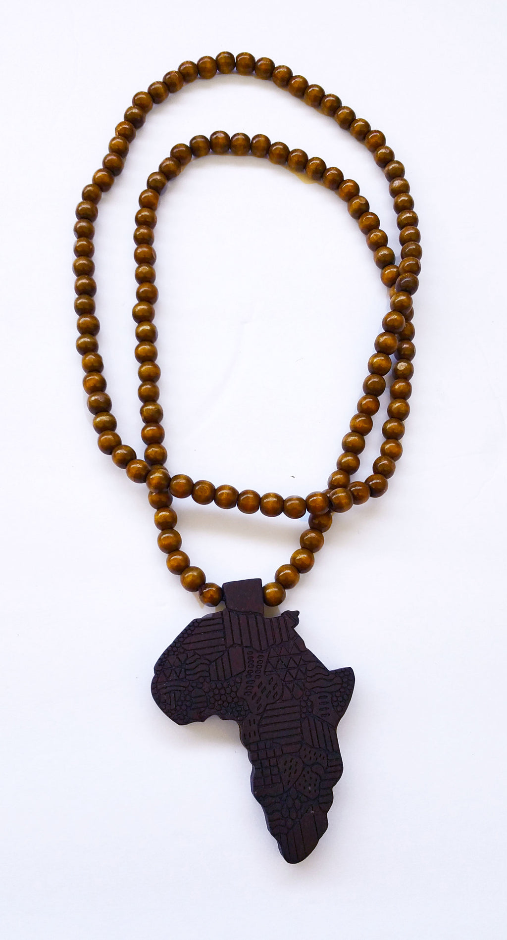 31" African Wood Bead Laser Cut Medallion Necklace
