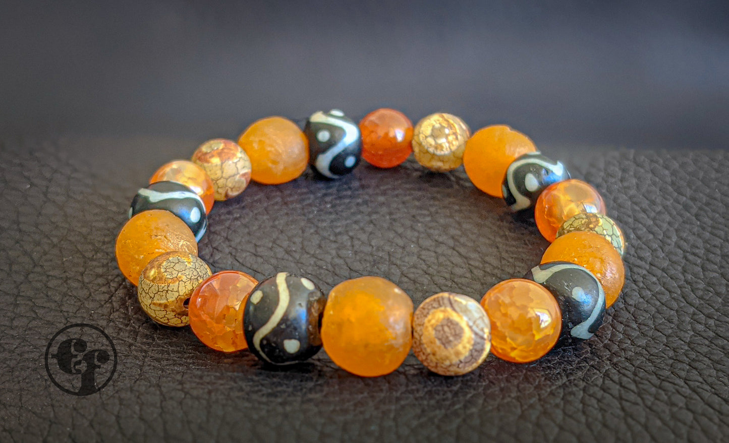 Orange Ghana Glass | Black & White | Tibetan Glass | Orange Calcite | Bead Bracelet