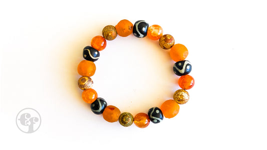 Orange Ghana Glass | Black & White | Tibetan Glass | Orange Calcite | Bead Bracelet